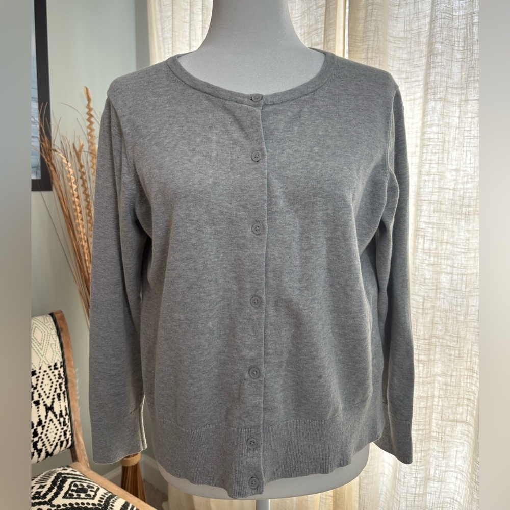 Land’s End Light Gray Button-Front Crewneck Cardigan Cotton - Picture 2 of 6